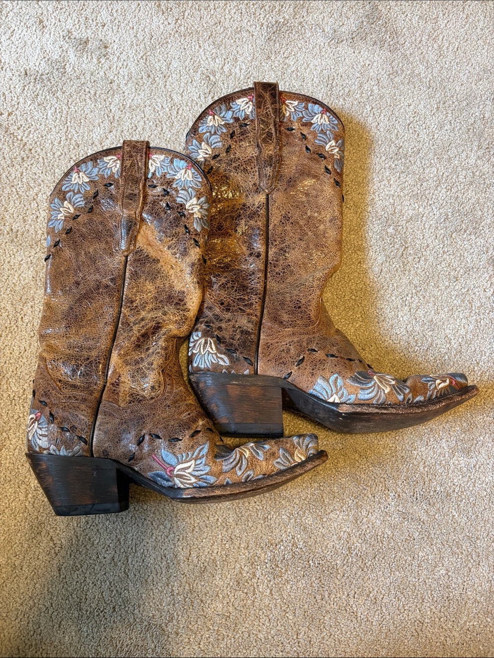 Dan Post Women’s Embroidered Brown Leather Cowboy Boots with Blue Floral Accents - Picture 3 of 5